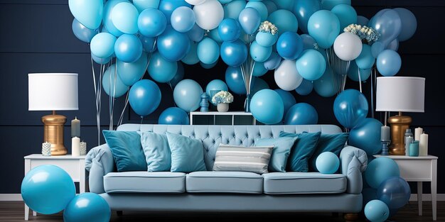 El estudio está decorado con globos azules de vacaciones