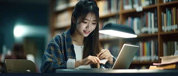 Estudio de estudiante joven en la biblioteca de la escuela