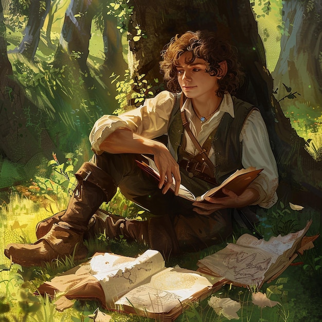 Estudio de fantasía joven halfling con cabello rizado y ropa de hobbit en el bosque soleado
