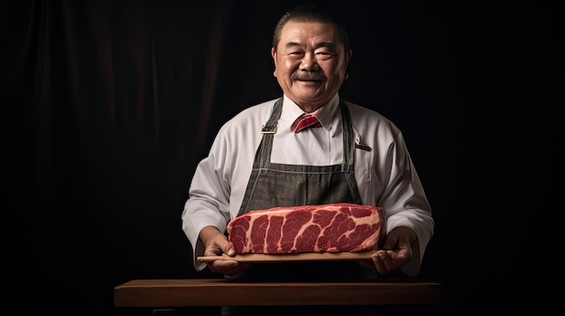 Estúdio filmou um rosto sorridente olhando para a câmera de um açougueiro de bigode segurando um bloco de carne Wagyu japonesa de tamanho apropriado