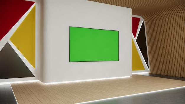 Foto estudio de fondo virtual con representación 3d en pantalla verde