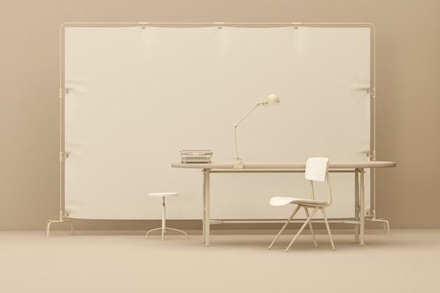 Estudio de fotografía 3d con mesa larga silla de escalera de trabajo Estudio fotográfico fondo beige y crema