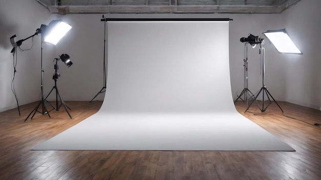 Estudio fotográfico blanco vacío con fondo de reflectores