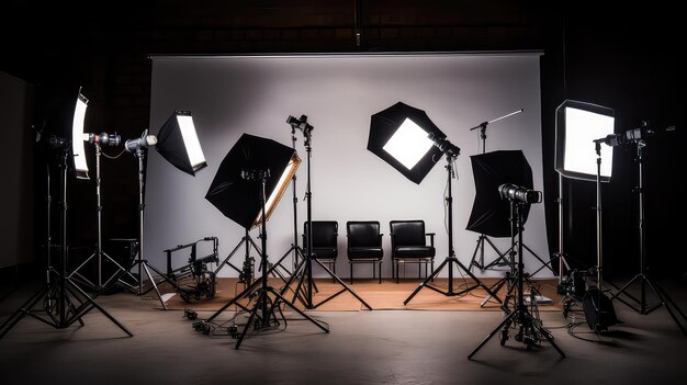 Estúdio fotográfico com equipamento de iluminação sobre um fundo escuro.