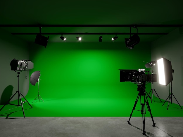 Estúdio fotográfico de tela verde com renderização 3D de iluminação e câmera de filme