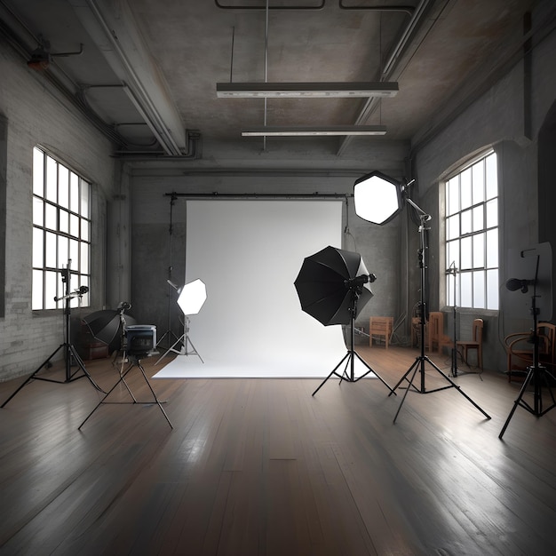 Un estudio fotográfico con fondo blanco y luces.