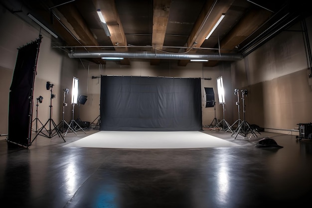 Un estudio fotográfico con un fondo negro y un fondo blanco.