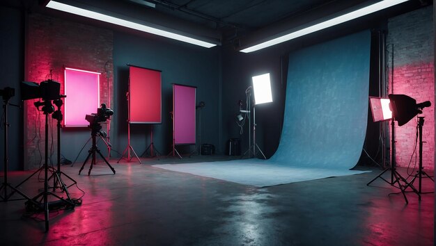 Un estudio fotográfico con fondo rosa y azul