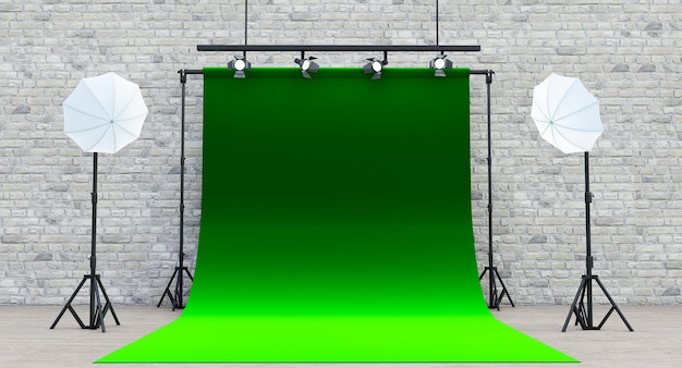 Estudio fotográfico de fondo verde con caja de luz suave, estudio fotográfico con interior moderno y equipo de iluminación, render 3D