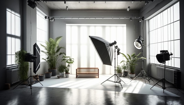 Un estudio fotográfico con una luz en la pared y una planta al fondo.