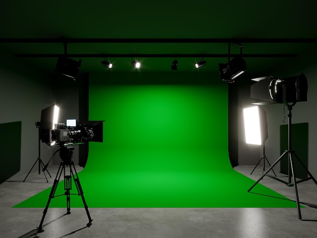 Estudio fotográfico de pantalla verde con iluminación y renderizado 3D de cámara de cine