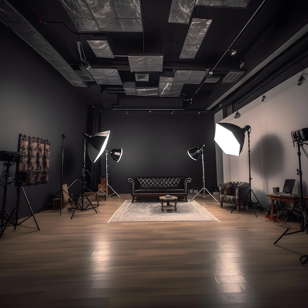 Un estudio fotográfico con un sofá y una mesa con luces.