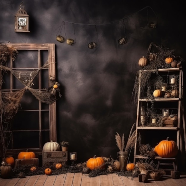 Estudio de fotos escena de Halloween y decoración con espacio de copia en el medio que coincide con el tema