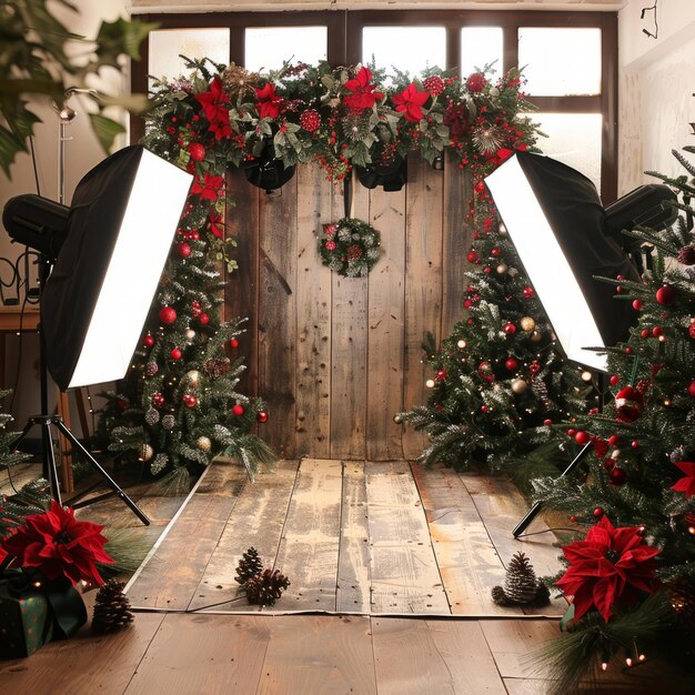 Foto estudio de fotos navideñas con fondo de madera y árboles de navidad decorados