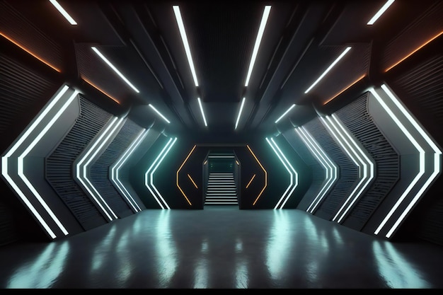 Estúdio futurista Sci Fi encena sala escura na estação espacial com fundo de luzes neon brilhantes