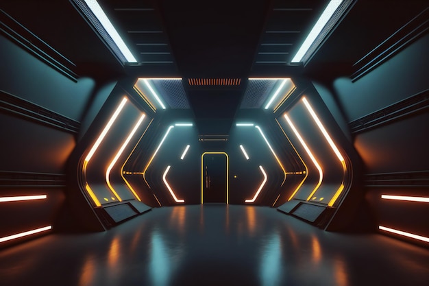 Estúdio futurista Sci Fi encena sala escura na estação espacial com fundo de luzes neon brilhantes