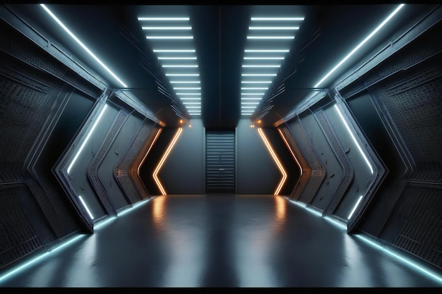 Estúdio futurista Sci Fi encena sala escura na estação espacial com fundo de luzes neon brilhantes