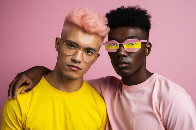 Foto estúdio homem modelo preto estilo de vida grupo de amigos rosa moda retrato ia generativa