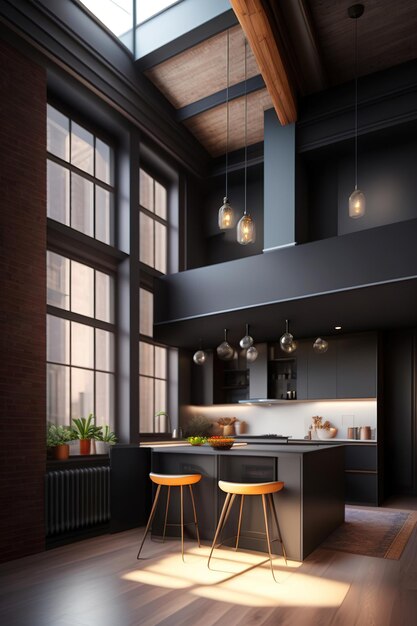 Foto estúdio interior com tetos altos de estilo loft cores cinza preto ilustração gerada por ai