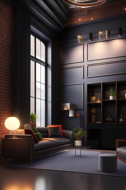 Foto estúdio interior com tetos altos de estilo loft cores cinza preto ilustração gerada por ai