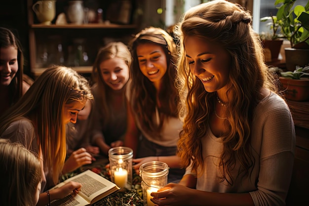 Estudio íntimo de la Biblia entre amigos en la habitación generativa IA