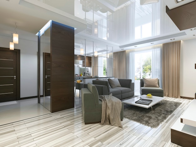 Estúdio luxuoso com sala de estar em estilo moderno com poltronas confortáveis e sofá em verde oliva. Apartamento T0 com cozinha e sala e corredor com vestiário. 3D render.