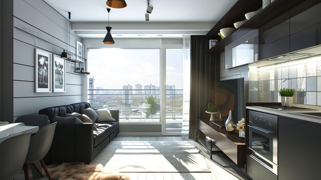 Estúdio moderno com janela de sala de estar com vista para a cidade e luz solar Generative Ai
