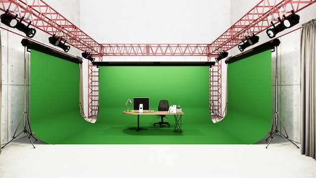 Foto estúdio - moderno estúdio de cinema com tela branca. renderização em 3d