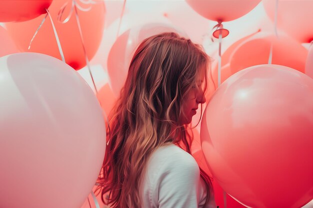 Foto este estudio muestra a una niña sosteniendo globos
