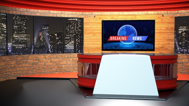 Foto estudio de noticias para programas de televisión tv en la pared. estudio de noticias virtual 3d