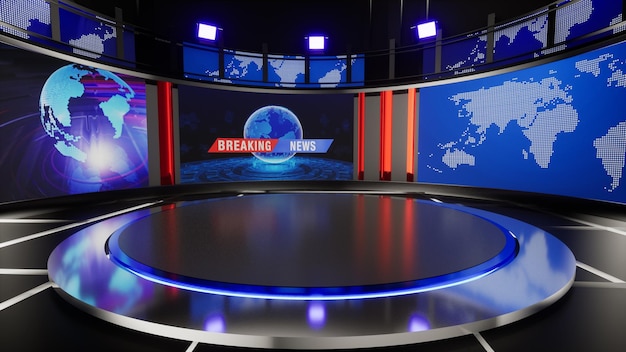 Foto estudio de noticias, telón de fondo para programas de televisión .tv en la pared fondo de estudio de noticias virtuales 3d, ilustración 3d