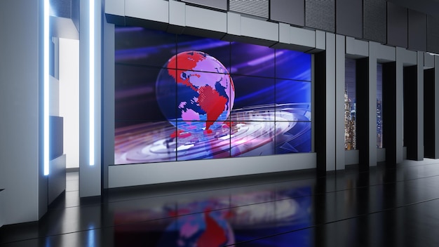 Foto estudio de noticias, telón de fondo para programas de televisión .tv en la pared fondo de estudio de noticias virtuales 3d, ilustración 3d