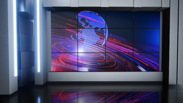 Foto estudio de noticias, telón de fondo para programas de televisión .tv en la pared fondo de estudio de noticias virtuales 3d, ilustración 3d