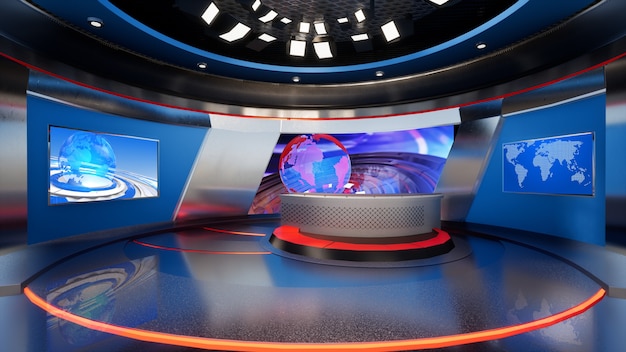 Foto estudio de noticias, telón de fondo para programas de televisión .tv en la pared fondo de estudio de noticias virtuales 3d, ilustración 3d