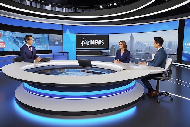 Foto estudio de noticias virtual con elementos de realidad aumentada como invitados virtuales que aparecen al lado del presentador de noticias