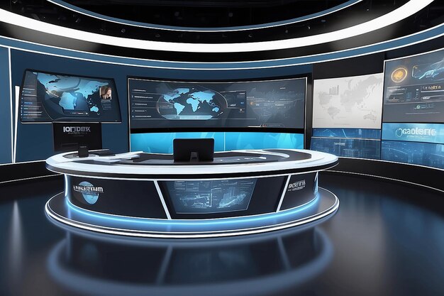 estudio de noticias virtual con un escritorio de noticias virtual en 3D con pantallas táctiles holográficas interactivas