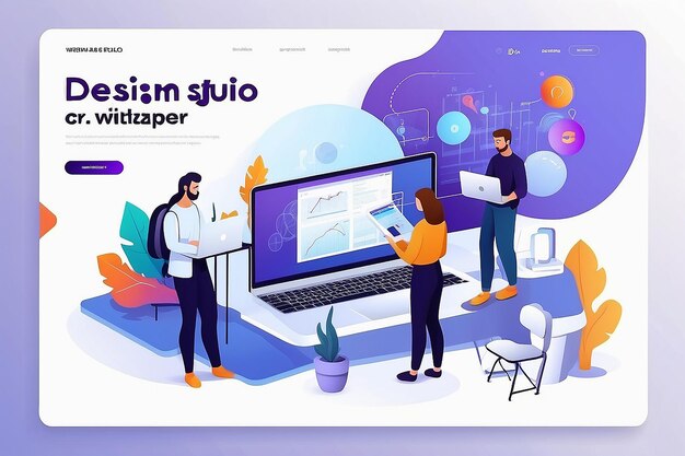 Estudio o equipo de diseño web que trabaja en portátiles y discute la visualización de nuevos proyectos