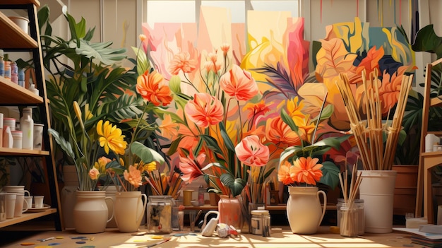 Un estudio de pintores con una gran pintura de flores y plantas en el fondo