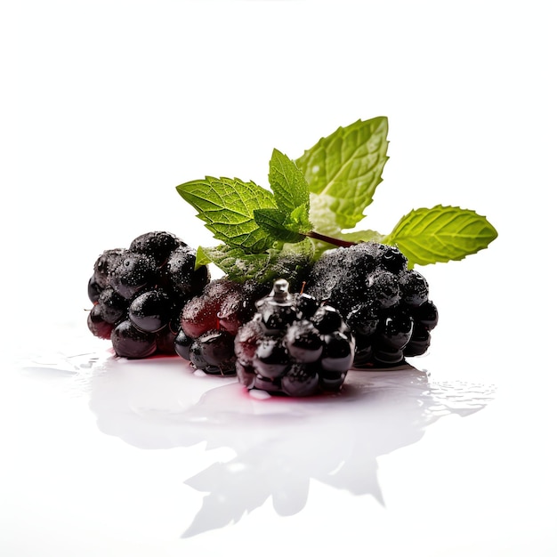 estudio profesional de uva morada fresca fruta y hojas de hielo sobre fotografía de fondo blanco