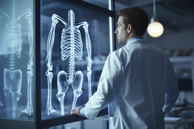 Estudio Radiológico Un médico con bata blanca inmaculada observa una imagen de rayos X profundizando en sus detalles