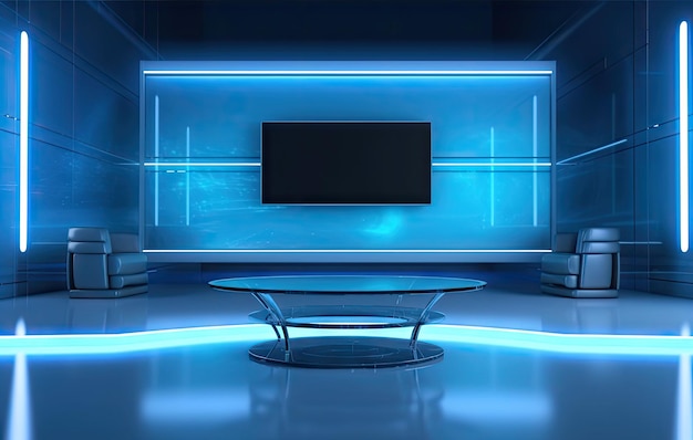 Estúdio realista para gravação de programas de TV Mesa do apresentador de interior em 3D e destaque do monitor de apresentação e mapa-múndi