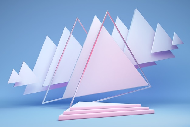 Estudio renderizado en 3D con formas geométricas de triángulo rosa pastel podio vacío sobre fondo azul Plataformas para presentación de productos simulacros de fondo Composición abstracta en diseño minimalista