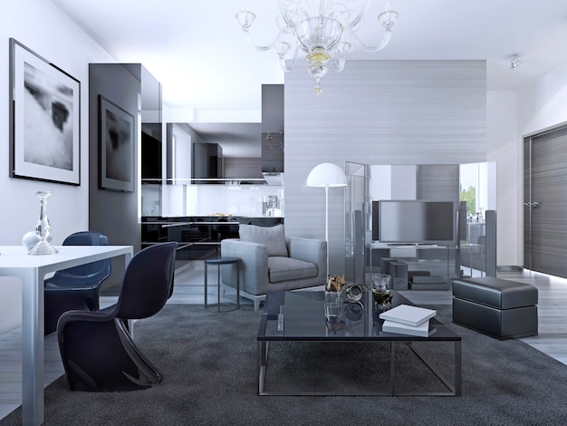Estudio de sala de estar contemporáneo. Paredes de color gris claro, elegante cocina de fondo. Render 3D