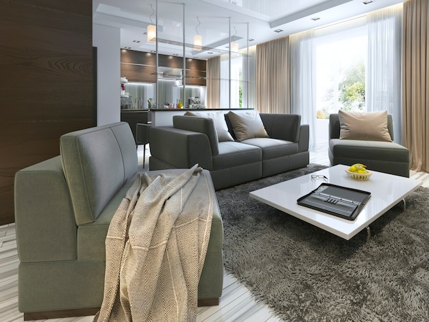 Estudio de sala de estar de lujo en un estilo moderno con cómodos sillones y un sofá en verde oliva. Apartamento tipo estudio con cocina y sala de estar y pasillo con guardarropa. Render 3D.