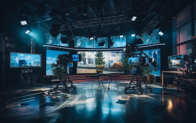 Estudio de televisión con cámara y luces.