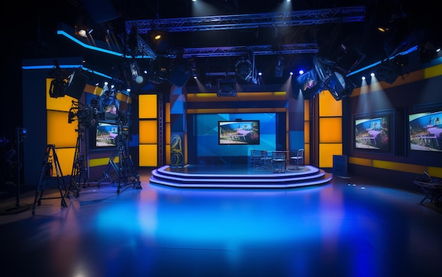 Estudio de televisión con cámara y luces.