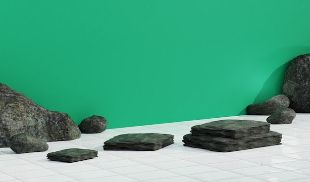 Estúdio verde 3d com elemento rock em ângulo de perspectiva único, pódio de 3 estágios para mostrar o produto