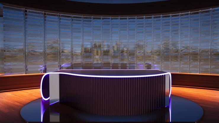 Foto estudio virtual de noticias. mesa de locutor,