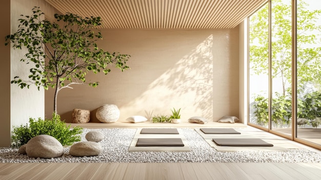 Estudio de yoga minimalista con esteras almohadas accesorios parquet suelo jardín sala de meditación