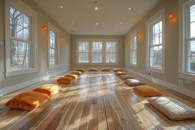 Estudio de yoga pacífico con pisos de madera natural y colores calmantes hiperrealistas